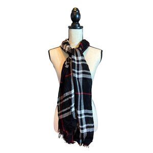 Womens Rectangel Plaid  Scarf Wrap Black White Fringe 70 inch Length